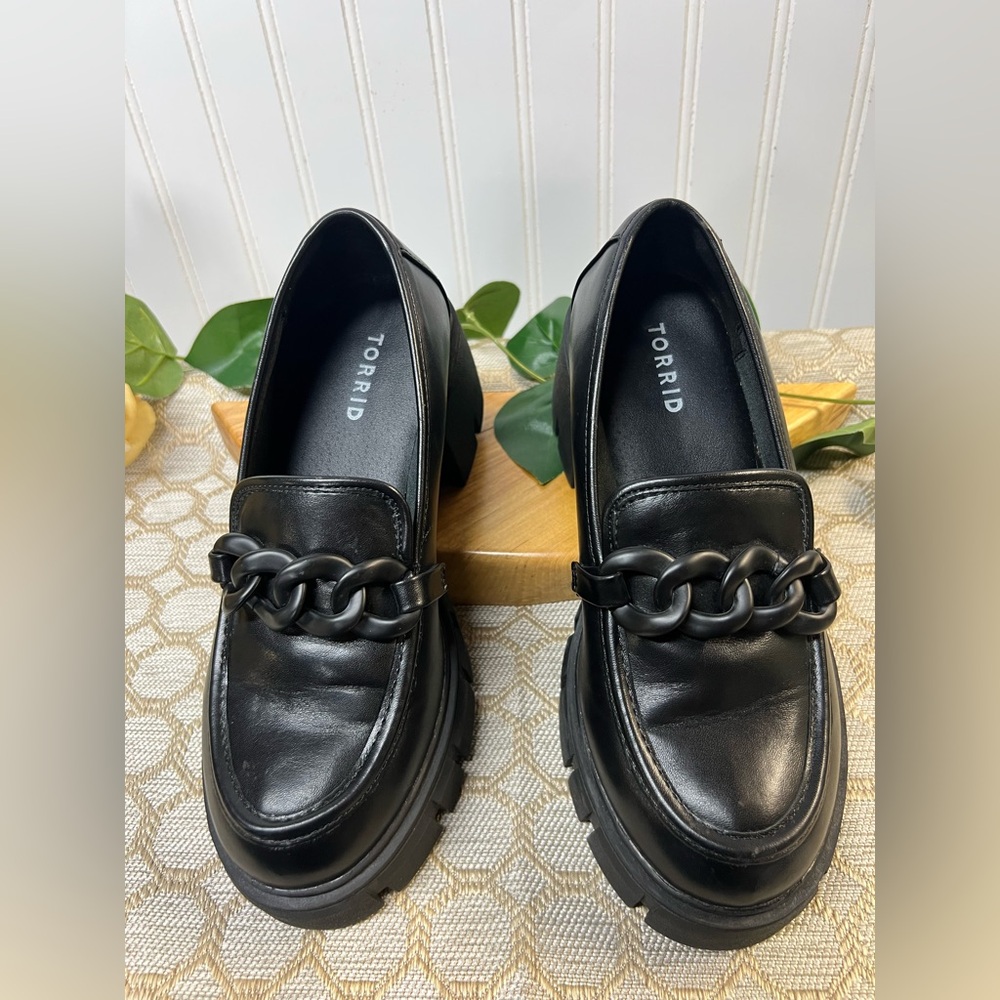 Torrid Faux Leather Lug Chunky Platform Heeled Slip On Black Loafers